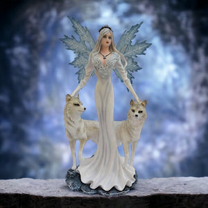Mystic Winter Guardian Angel with Wolves Statue | Ethereal Ice Wolf Companions Figurine | Celestial Resin Sculpture |  Majestic Decor