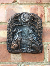 Load image into Gallery viewer, Moon Gazing Hares Wall Plaque - Hand-Colored 16cm Indoor Ornament - Decorative Hare Art with Hanging Hook