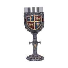 Load image into Gallery viewer, Medieval Knight Goblet Sword Stem Chalice with Heraldic Crest Gothic Fantasy Drinkware