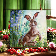 Load image into Gallery viewer, Delphinium Hare Ceramic Art Tile by Judith Yates 20x20 cm - Ready to Hang - Boxed Gift - Beautiful Hand-Painted Hare Design