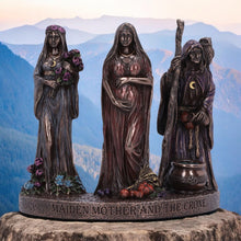 Load image into Gallery viewer, Bronze Pagan Maiden, Mother, and Crone Trio Statue - Wiccan Decor Gift