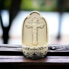 Load image into Gallery viewer, Porcelain Crucifix Holy Water Font, 13cm White Hanging or Standing, Religious Decor with Gold Detailing
