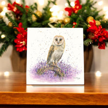 Load image into Gallery viewer, OLIVIA Owl Ceramic Art Tile by Bree Merryn – 20x20 cm Ready to Hang – Nature-Inspired Decor with Lavender Theme