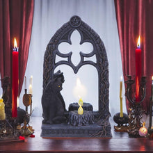 Load image into Gallery viewer, Magic Mirror Cat Figurine – 21cm Gothic Mirror with Cat and Candle Decor