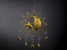 Load image into Gallery viewer, Celestial Harmony Metal Sun and Moon Wall Hanging with Cascading Bells - Artisanal Cosmic Decor with Beaded Accents for Home and Garden-OsirisTradingUK