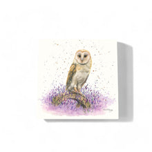Load image into Gallery viewer, OLIVIA Owl Ceramic Art Tile by Bree Merryn – 20x20 cm Ready to Hang – Nature-Inspired Decor with Lavender Theme