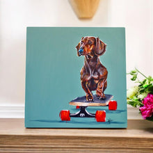 Load image into Gallery viewer, Unique Sausage Roller Ceramic Art Tile by Victoria Coleman Dachshund Art in Gift Box
