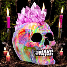 Laden Sie das Bild in den Galerie-Viewer, Psychedelic Crystal Skull with Light Up Mohawk Vibrant Gothic Figurine Alternative Art
