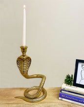 Load image into Gallery viewer, Gold Snake Candlestick Holder - Coiled Cobra Design - Unique Serpent Home Decor