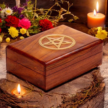 Load image into Gallery viewer, Sheesham Wood Pentagram Jewellery Box Pagan Witchcraft Altar Storage Chest 17.5cm