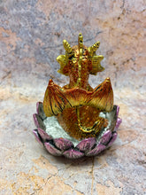 Load image into Gallery viewer, Golden Dragon Lotus Throne Figurine - Mystical Resin Dragon Statue for Home Decor and Enchantment, 10cm-OsirisTradingUK