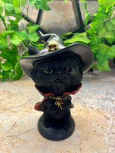 Load image into Gallery viewer, Comical Black Cat with Witch Hat & Cape - Whimsical Halloween Decor - Resin Statue - Gothic Cat with Skull - 15x11cm