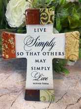 Load image into Gallery viewer, Porcelain Cross "Live Simply" | Mother Teresa Quote | Spiritual Home Decor Timeless Christian Keepsake | Inspirational Centrepiece-OsirisTradingUK