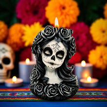 Laden Sie das Bild in den Galerie-Viewer, Gothic Day of the Dead Skull Tea Light Holder Flor de Muerte Day of the Dead Bust