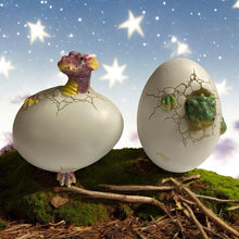 Load image into Gallery viewer, Set of 2 Dragon Egg Hatchlings Figurines – Purple & Green Baby Dragons Breaking Through Shells