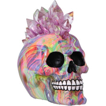 Laden Sie das Bild in den Galerie-Viewer, Psychedelic Crystal Skull with Light Up Mohawk Vibrant Gothic Figurine Alternative Art