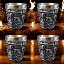 Load image into Gallery viewer, Medieval Knight Shot Glass Set of 4 Templar Themed Gothic Altar Drinkware 6cm