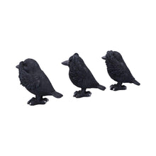Laden Sie das Bild in den Galerie-Viewer, Three Wise Raven Figurines Gothic See No ,Hear No, Speak No Evil Ravens pagan