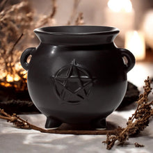 Load image into Gallery viewer, Ceramic Black Witches Cauldron Oil Burner with Pentagram - Gothic Home Decor
