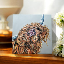 Load image into Gallery viewer, CASSY MCSASSY Highland Cow Ceramic Art Tile by Sam Fenner 20x20 cm – Ready to Hang