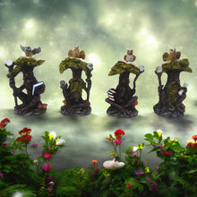 Load image into Gallery viewer, Mystical Owl Guardian Tree Figurines – Fantasy Woodland Spirit Statues – Resin Decor Set of 4