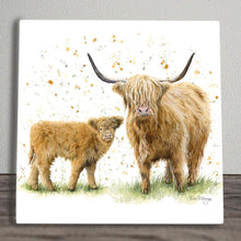 Load image into Gallery viewer, Happy Highlands Ceramic Art Tile by Bree Merryn 20x20cm - Wall Ready - Highland Cow & Calf