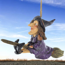 Load image into Gallery viewer, Charming Resin Witch on Broomstick Figurine - Spooky Halloween Decor - Hanging Witch Statue