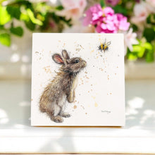 Load image into Gallery viewer, Bugsy and Bumble Bree Merryn Ceramic Art Tile 20x20cm - Bunny and Bee Wall Decor, Ready to Hang, Nature-Inspired Gift for Animal Lovers