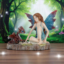 Laden Sie das Bild in den Galerie-Viewer, Fantasy Fairy with Red Dragon Figure | Blue Winged Fairy Statue | Gothic Mythical Resin Art 15cm