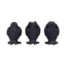 Laden Sie das Bild in den Galerie-Viewer, Three Wise Raven Figurines Gothic See No ,Hear No, Speak No Evil Ravens pagan