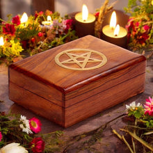 Load image into Gallery viewer, Sheesham Wood Pentagram Jewellery Box Pagan Witchcraft Altar Storage Chest 17.5cm