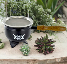 Load image into Gallery viewer, Triple Moon Incense Burner with Wooden Handle | Artisanal Wood & Metal Incense Holder for Spiritual Practice-OsirisTradingUK