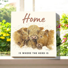 Load image into Gallery viewer, COW TRIO HOME Ceramic Art Tile by Bree Merryn, 20x20 cm – Highland Cattle Design, Ready to Hang, Unique Wall Decor