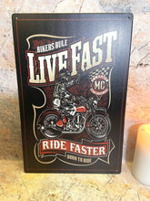 Load image into Gallery viewer, Biker's Rule Live Fast, Ride Faster - Metal Sign for Adventurous Souls Man Cave Garage Decor Shed-OsirisTradingUK