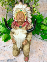 Laden Sie das Bild in den Galerie-Viewer, Indian Chief Sitting with Buffalo Skull Figurine Native American Sculpture-OsirisTradingUK