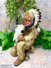 Laden Sie das Bild in den Galerie-Viewer, Indian Chief Sitting with Buffalo Skull Figurine Native American Sculpture-OsirisTradingUK