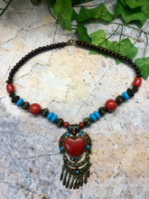 Load image into Gallery viewer, Tibetan Statement Necklace in Turquoise Blue Red Brass and Stone Vintage Style-OsirisTradingUK