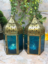 Load image into Gallery viewer, Set of Two Blue Glass Moroccan Style Lanterns Brass Candle Holders