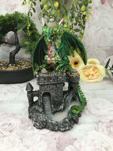 Load image into Gallery viewer, Green Dragon Guarding Castle Statue Cone Burner Lamp Fantasy Art Collection-OsirisTradingUK
