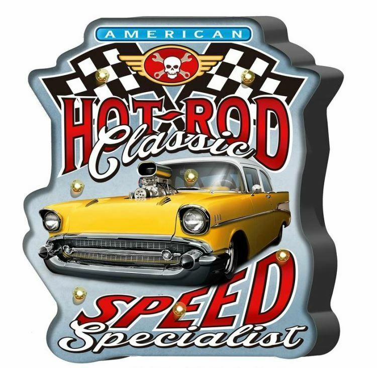 Vintage Metal LED Logo Sign Garage American Hot Rod Car Man Cave Wall Plaque