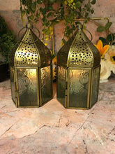Load image into Gallery viewer, Pair of Moroccan Style Lanterns Brass Tea Light Candle Holders Ornaments-OsirisTradingUK