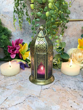Load image into Gallery viewer, Moroccan Style Brass Lantern Antique Purple Glass Tea Light Candle Holder-OsirisTradingUK