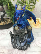 Load image into Gallery viewer, Blue Dragon Guarding Castle Statue Cone Burner Fantasy Art Dragons Collection
