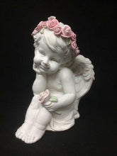 Charger l'image dans la galerie, Chérubin avec sculpture de rose Ornement d'ange paisible Décoration de statue d'ange