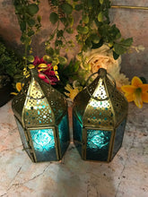 Load image into Gallery viewer, Set of Two Blue Glass Moroccan Style Lanterns Brass Candle Holders