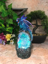 Laden Sie das Bild in den Galerie-Viewer, Blue Dragon Guardian of Geode Sculpture Statue Ornament with LED Light-OsirisTradingUK