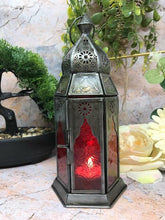 Load image into Gallery viewer, Moroccan Style Lantern Zinc Antique Red Glass Tea Light Candle Holder-OsirisTradingUK