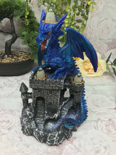 Load image into Gallery viewer, Blue Dragon Guarding Castle Statue Cone Burner Fantasy Art Dragons Collection