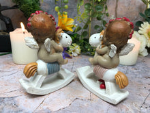 Load image into Gallery viewer, Pair of Guardian Angel Figurine Cherub on Rocking Horse Holding Heart Ornament-Collectables:Fantasy, Myth & Magic:Mythical Creatures:Angels-OsirisTradingUK