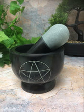 Load image into Gallery viewer, Pentagram Black Soap Stone Mortar and Pestle Wiccan Pagan Altar Pentacle Symbol